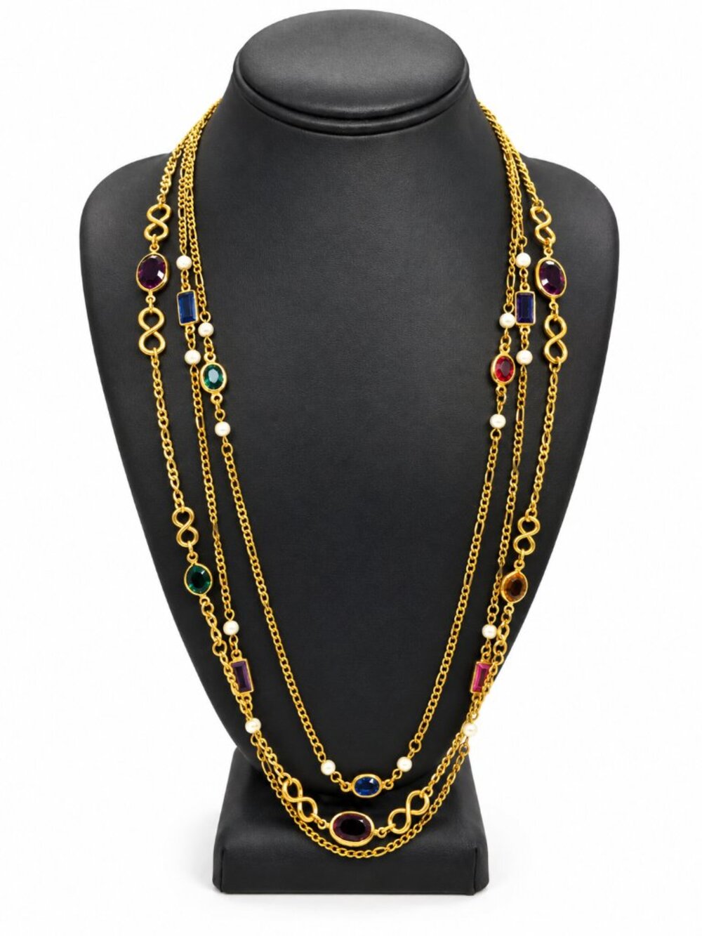 VINTAGE NECKLACE LOT 2 Gold Tone Multicolor Glass Open Bezel Faux Pearl Layered